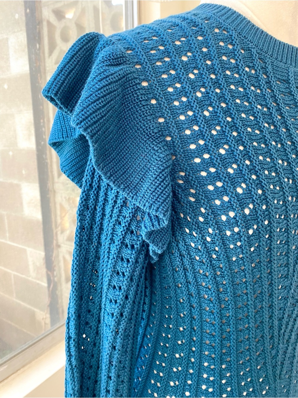 Nation LTD NWT Pointelle Ruffle Kay Pullover Sweater Italian Sea Blue, Size S - Picture 3 of 7
